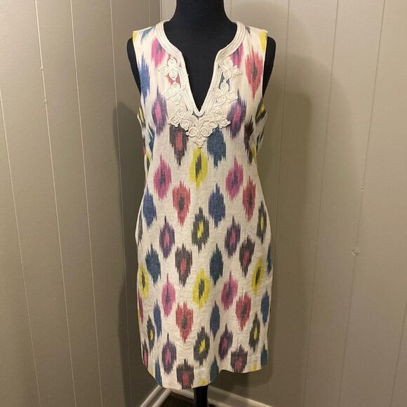 J Crew Ivory Watercolor Ikat Shift Dress Size 0 Embroidered Sleeveless Linen - Picture 1 of 7
